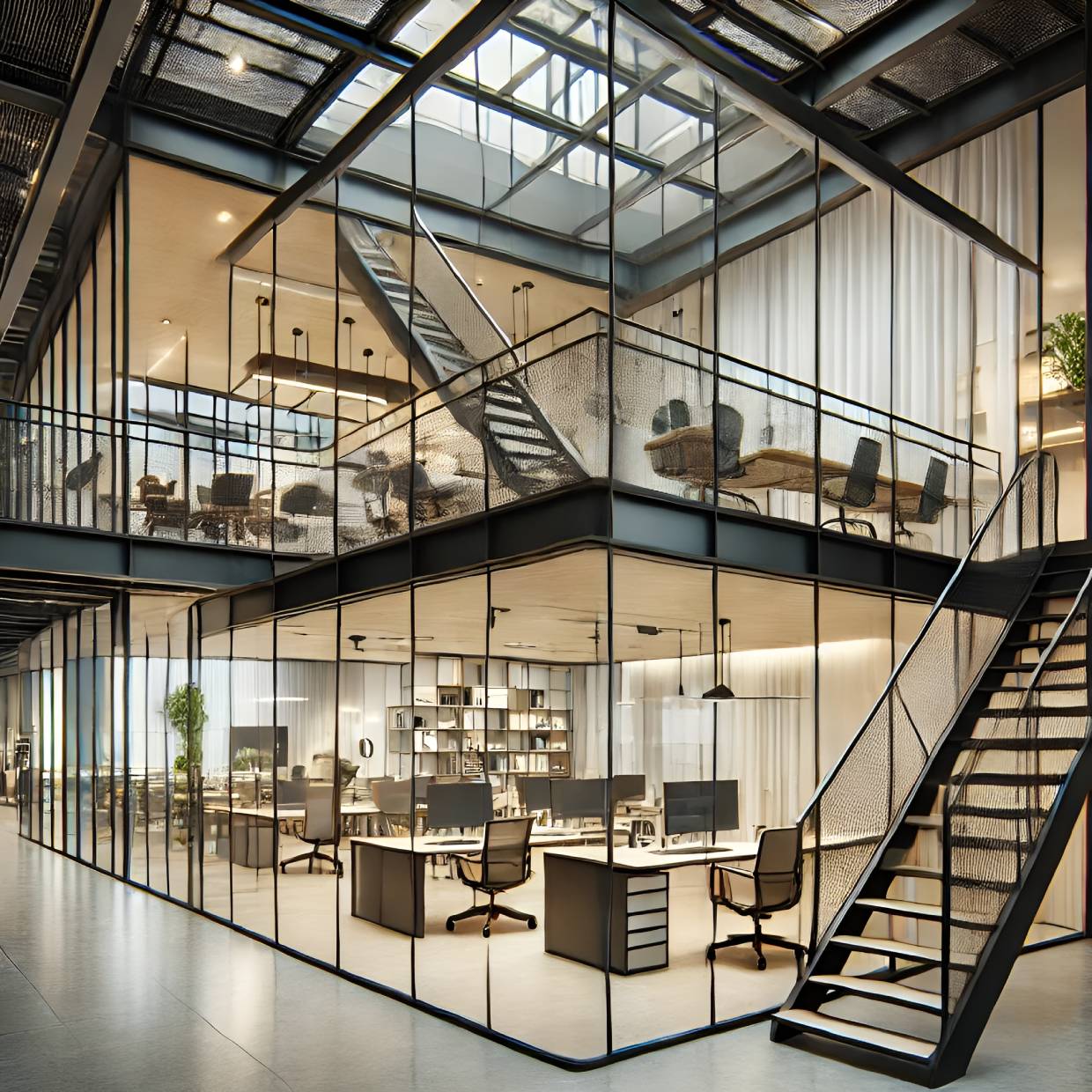 Optimizing Office Layout Mezzanine Floors With Glass Dividers And Stylish Stairways